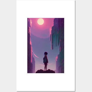 Anime Girl in Magical Streets Sun Lofi Scenario Landscape Posters and Art